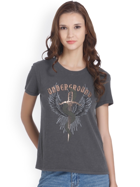 

ONLY Women Charcoal Grey Printed Round Neck T-shirt