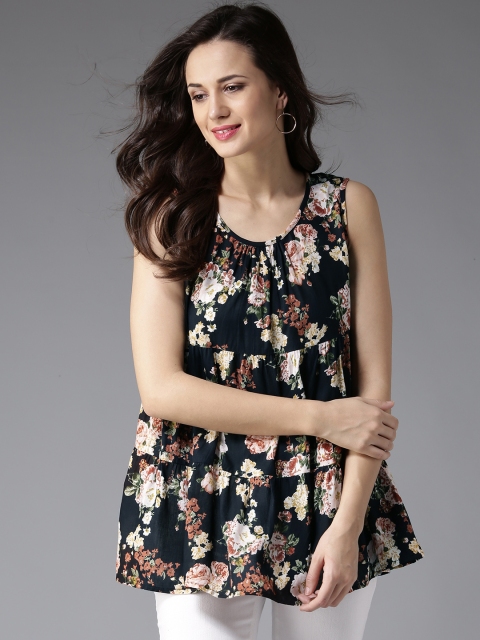 

HERE&NOW Women Black & Cream-Coloured Printed A-Line Top