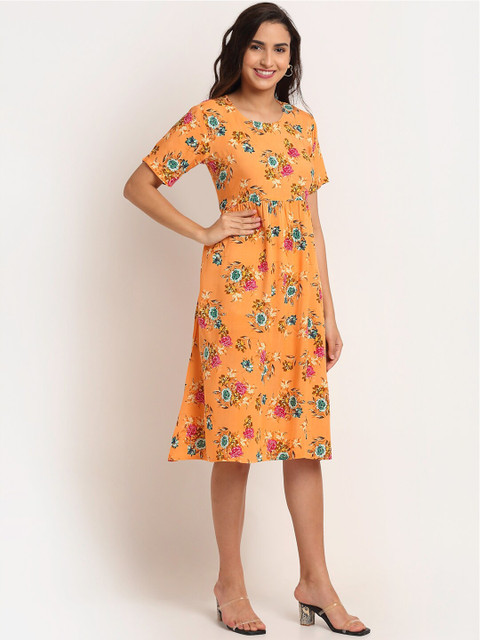 

Aawari Women Mustard Yellow & Pink Floral Printed A-Line Midi Dress