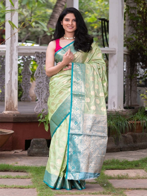 

KARAGIRI Green & Blue Ethnic Motifs Zari Tussar Saree