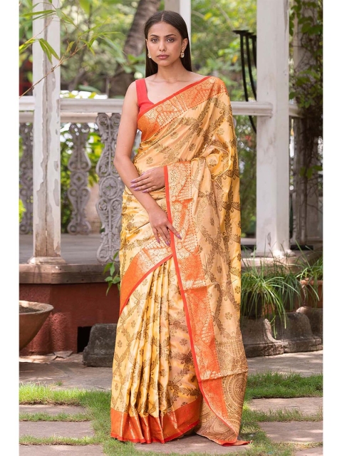 

KARAGIRI Yellow & Red Woven Design Zari Saree