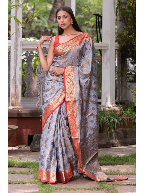 

KARAGIRI Grey & Red Zari Silk Blend Saree