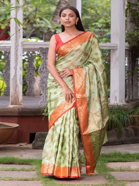 

KARAGIRI Green & Red Woven Design Zari Saree