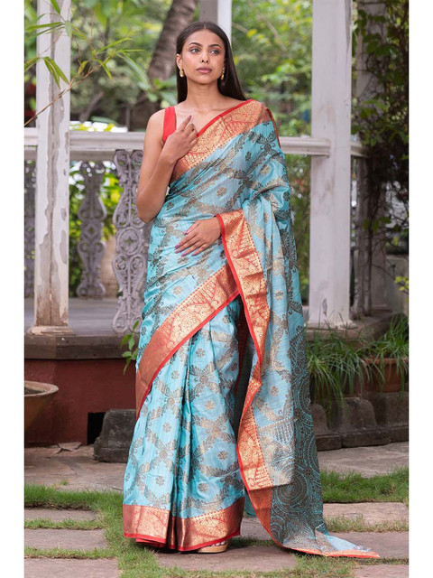 

KARAGIRI Blue & Red Zari Silk Blend Saree