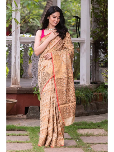 

KARAGIRI Cream-Coloured & Red Zari Silk Blend Saree
