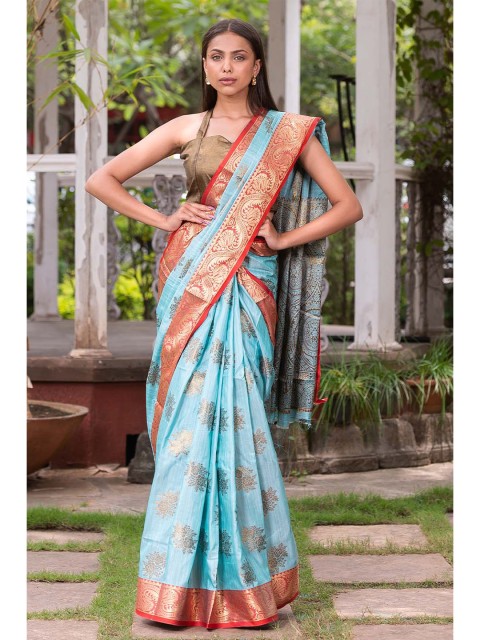 

KARAGIRI Blue & Red Woven Design Zari Saree