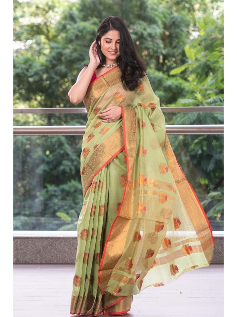 

KARAGIRI Green & Gold-Toned Ethnic Motifs Zari Silk Blend Saree