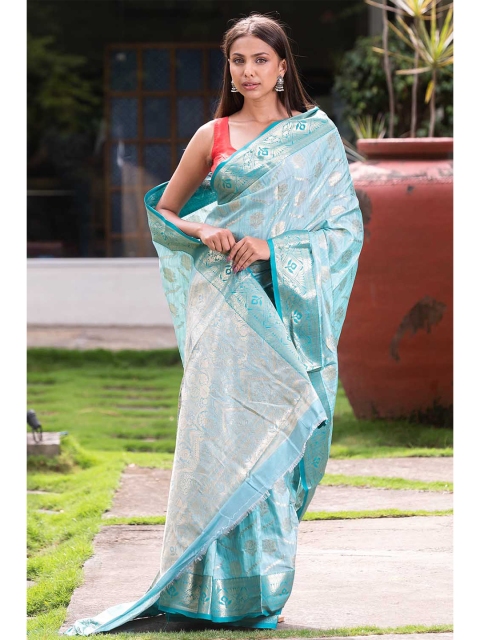 

KARAGIRI Blue & Gold-Toned Zari Silk Blend Saree