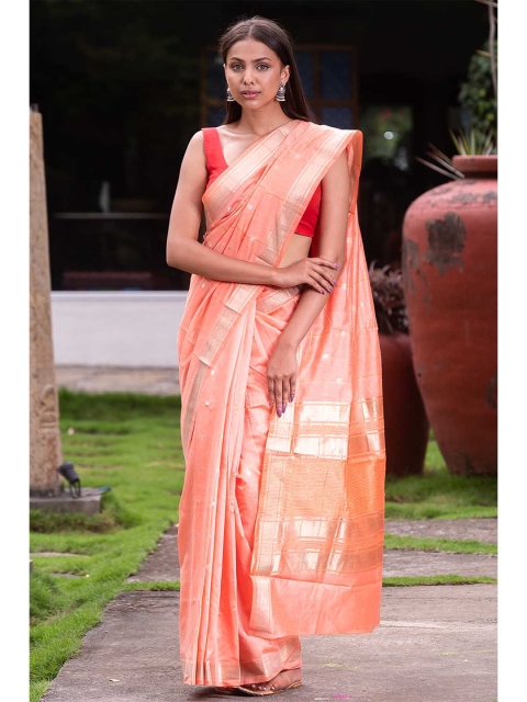 

KARAGIRI Peach-Coloured & Gold-Toned Zari Silk Blend Saree