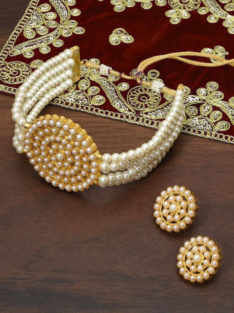 

LAFORWORD Gold-Plated White Stone-Studded & Pearl Beaded Jewellery Set