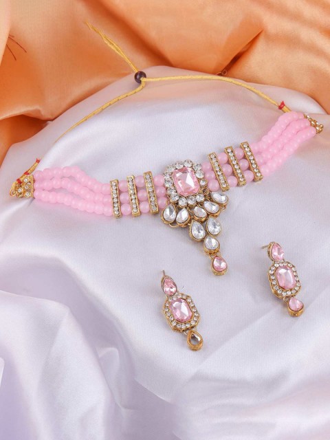

LAFORWORD Gold-Plated Pink Kundan-Beaded Jewellery Set
