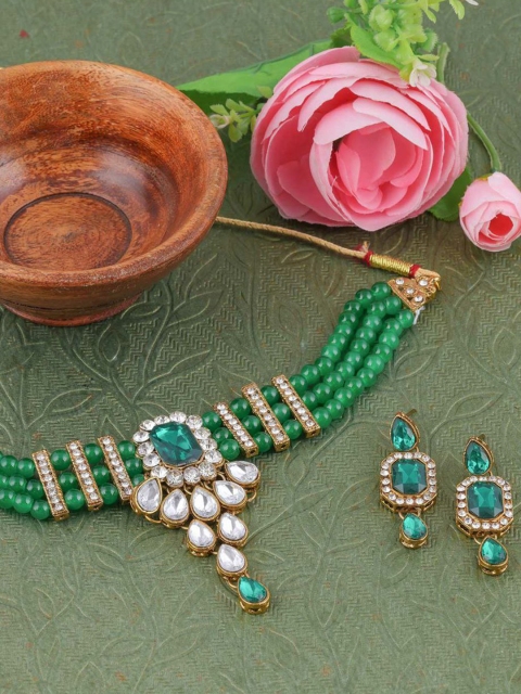 

LAFORWORD Gold-Plated & Green Kundan-Studded Jewellery Set