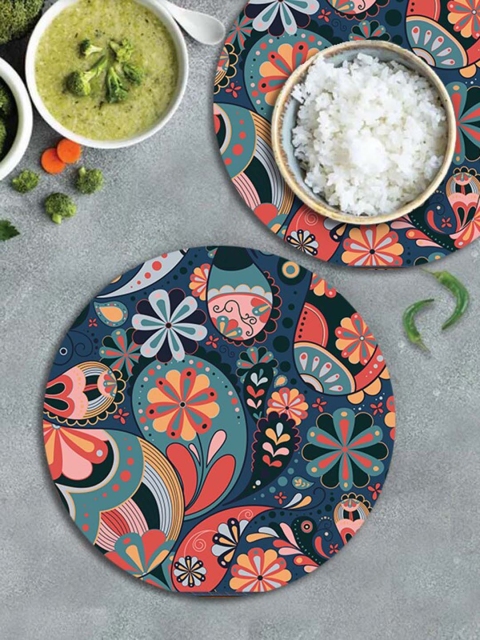 

smart serve Set Of 2 Navy Blue & Orange Printed Table Placemats
