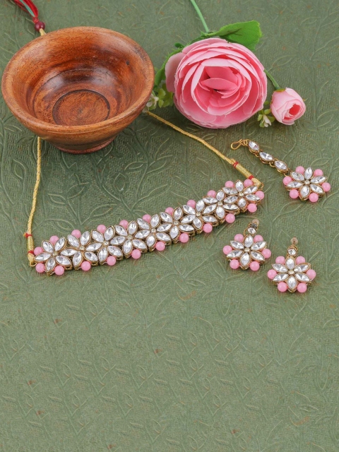 

LAFORWORD Gold-Plated Pink & White Kundan Studded & Beaded Jewellery Set