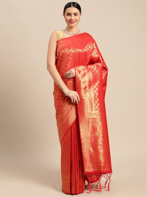 

KAITHY CREATION Red & Gold-Toned Woven Design Zari Pure Silk Saree
