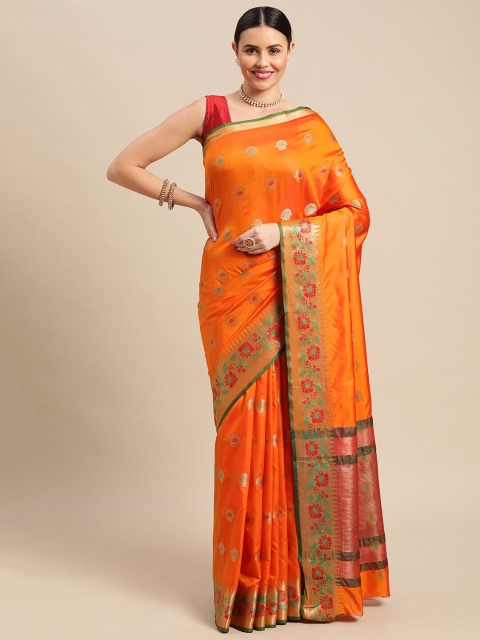 

KAITHY CREATION Orange & Pink Woven Design Zari Pure Silk Saree