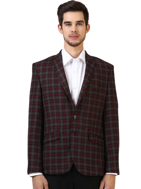 

Park Avenue Grey & Maroon Checked Single-Breasted Slim Formal Blazer