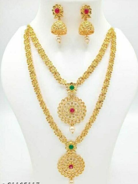 

LAFORWORD Gold-Plated Green & Red Kundan-Studded & Pearl Beaded Jewellery Set
