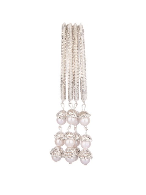 

FEMMIBELLA Set Of 4 Silver-Plated Silver-Toned Beaded Bangle