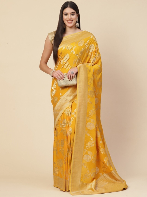 

Meena Bazaar Women Mustard & Gold Floral Zari Pure Crepe Saree