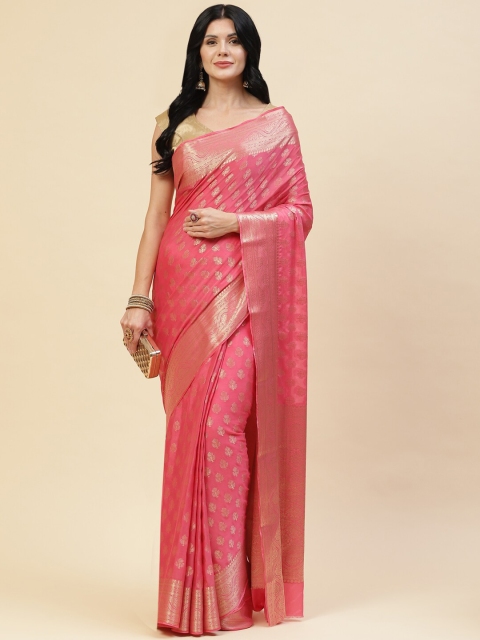 

Meena Bazaar Women Pink & Gold Woven Design Zari Pure Chiffon Saree