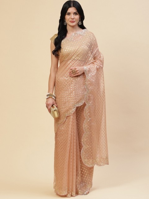 

Meena Bazaar Women Peach Ethnic Motifs Embroidered Organza Saree