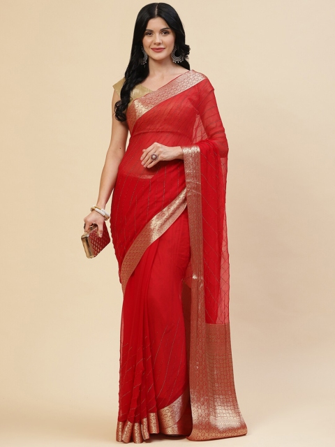 

Meena Bazaar Women Red & Gold Embellished Zari Poly Chiffon Saree