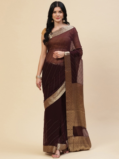 

Meena Bazaar Burgundy & Gold Embellished Beads and Stones Poly Chiffon Saree