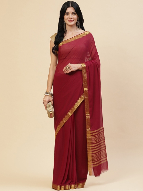 

Meena Burgundy & Gold Solid Zari Poly Chiffon Saree With Unstitched Blouse Piece