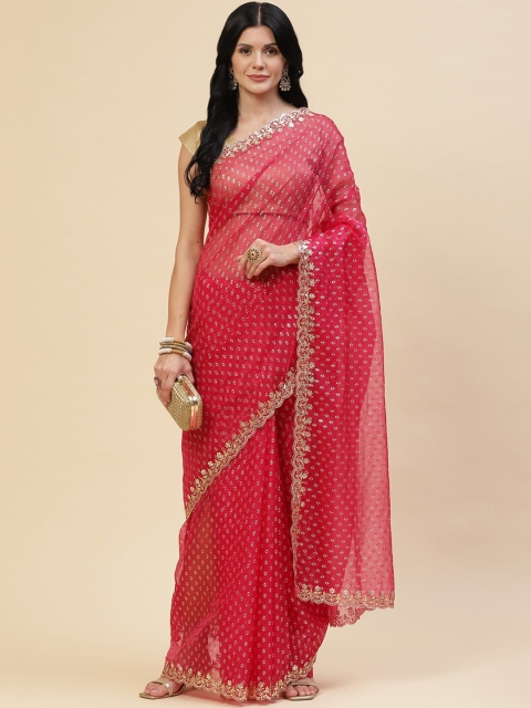 

Meena Bazaar Pink & Gold-Toned Embellished Organza Saree