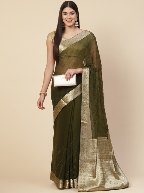 

Meena Bazaar Green & Gold-Toned Embellished Chiffon Saree