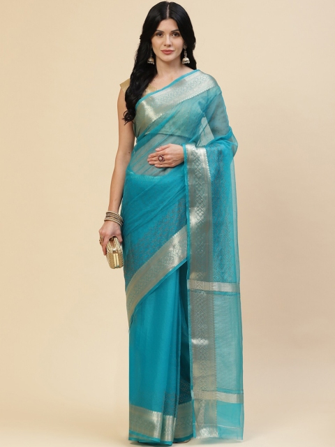 

Meena Bazaar Turquoise Blue & Gold-Toned Embellished Organza Saree