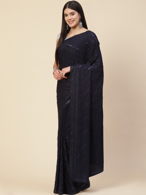 

Meena Bazaar Navy Blue Sequinned Embellished Pure Crepe Saree