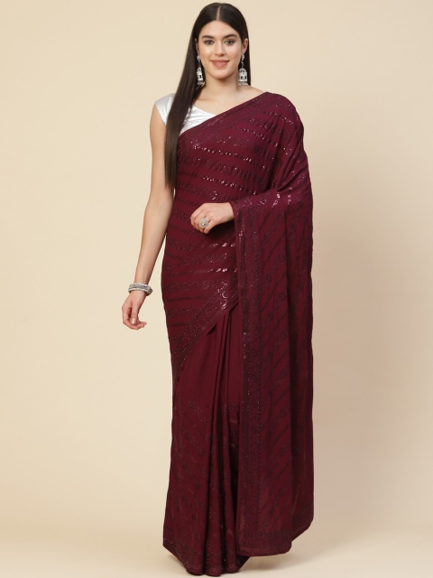 

Meena Bazaar Burgundy Embellished Pure Crepe Saree