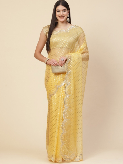

Meena Bazaar Yellow & Gold-Toned Embellished Sequinned Organza Saree