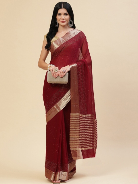 

Meena Bazaar Burgundy & Gold-Toned Beads and Stones Embellished Pure Georgette Saree