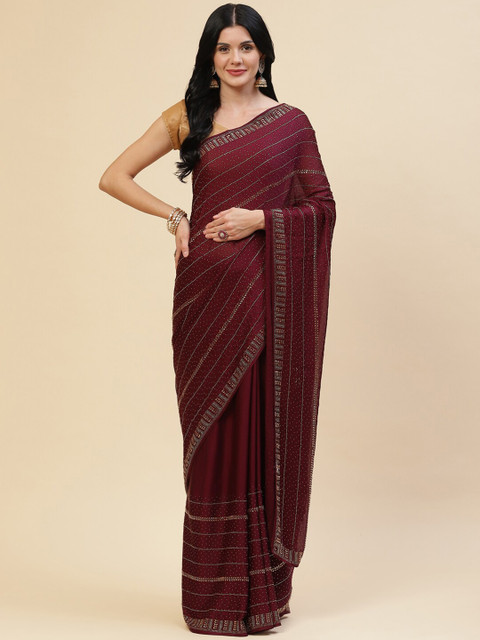 

Meena Bazaar Burgundy Beads and Stones Embellished Pure Chiffon Saree