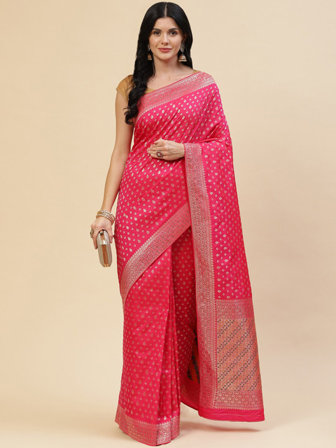 

Meena Bazaar Pink & Gold-Toned Woven Design Beads and Stones Silk Blend Saree