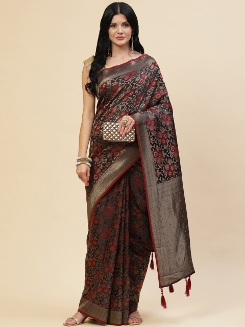 

Meena Bazaar Women Maroon & Black Floral Zari Silk Blend Saree