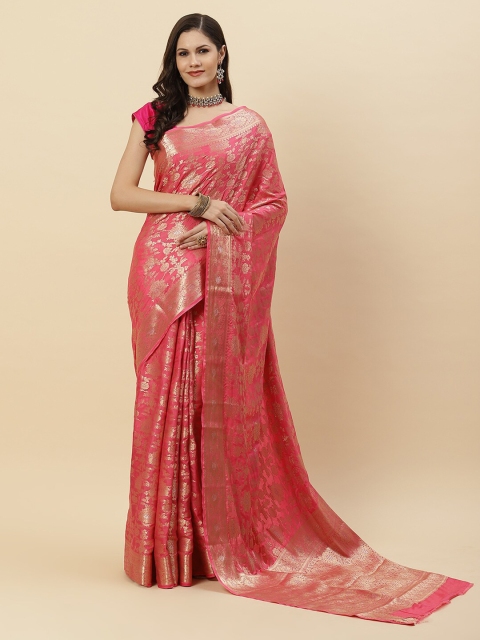 

Meena Bazaar Women Pink & Gold-Toned Floral Zari Silk Blend Saree