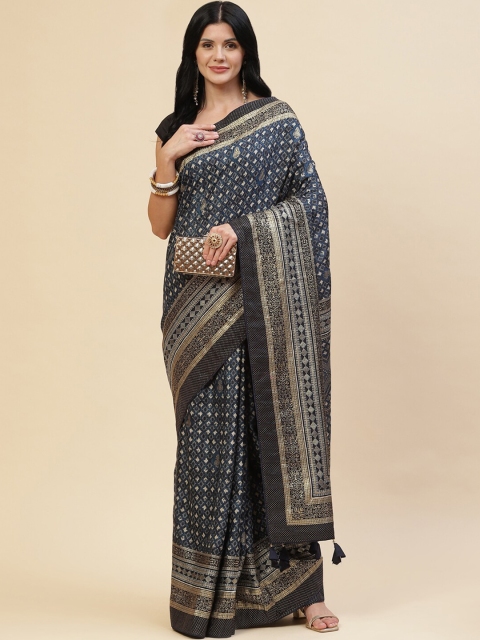 

Meena Bazaar Women Navy Blue & Silver-Toned Woven Design Silk Blend Saree
