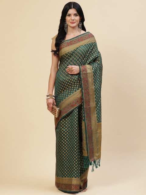 

Meena Bazaar Green & Gold-Toned Ethnic Motifs Zari Pure Cotton Saree