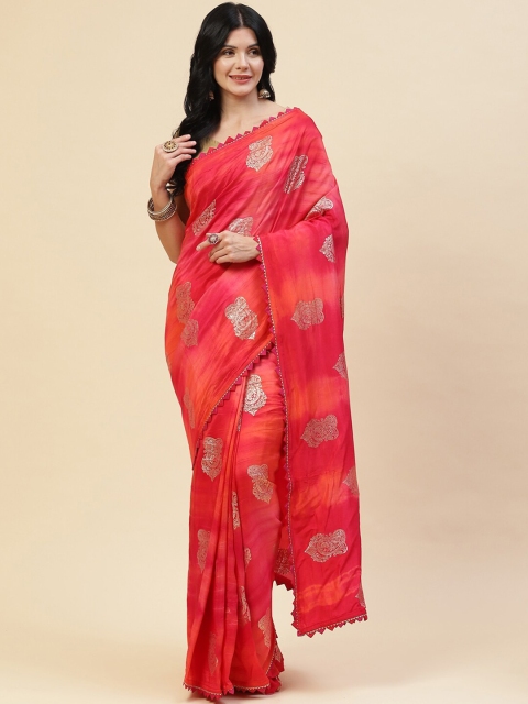 

Meena Bazaar Pink & Gold-Toned Paisley Silk Blend Saree