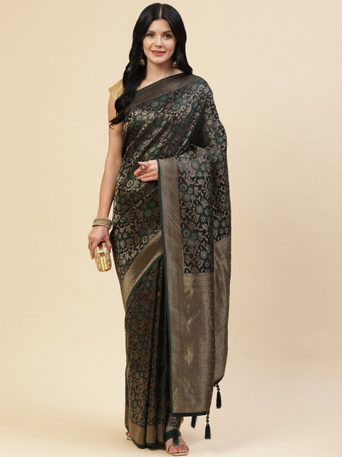 

Meena Bazaar Green & Copper-Toned Floral Zari Silk Blend Saree