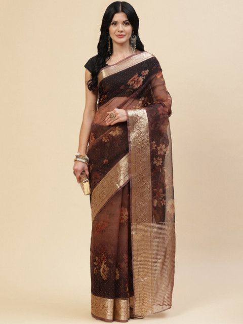 

Meena Bazaar Brown & Gold-Toned Floral Satin Saree