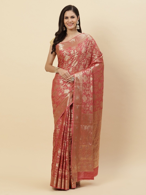 

Meena Bazaar Pink & Gold-Toned Floral Zari Silk Blend Saree