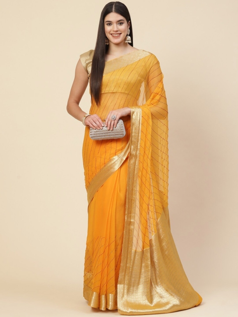 

Meena Bazaar Mustard & Gold-Toned Leheriya Embellished Saree