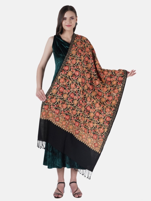 

MUFFLY Women Black & Red Wool Floral Embroidered Stole