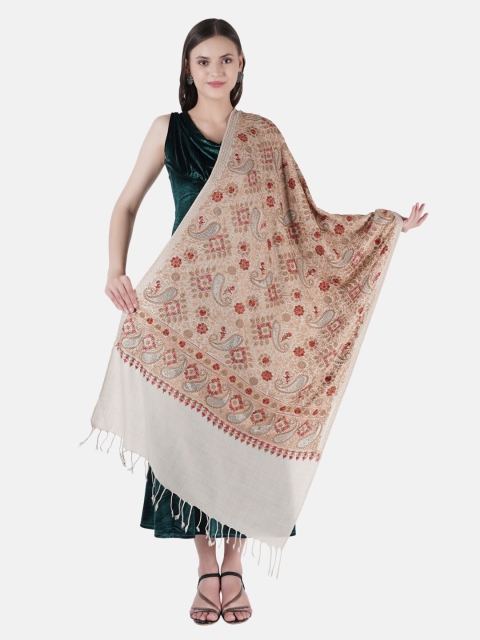 

MUFFLY Women Beige & Maroon Embroidered Wool Stole With Fringed Border