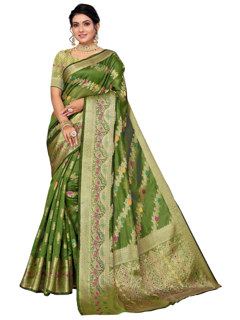 

Nimayaa Green & Gold-Toned Woven Design Zari Organza Saree